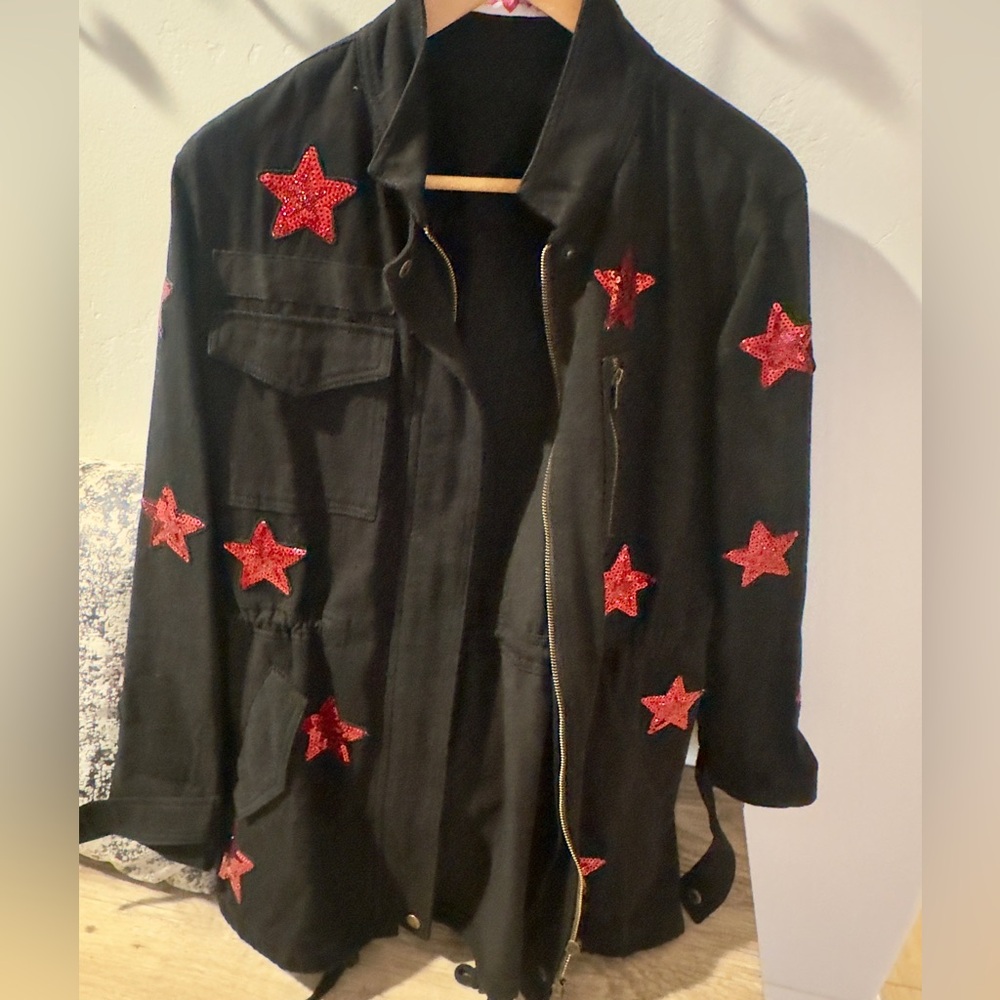 Black Jacket with Red Sequin Star Accents